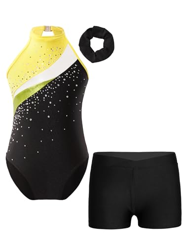 Kids Girls Shiny Ballet Dance Outfits Sleeveless Gymnastic Leotard with Shorts and Hair Band Tracksuit Unitards