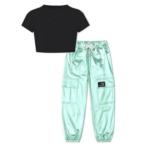 Image of Betusline Girls Clothes 2 Piece Set, Black Cute Short Sleeve Crop Tops + Tender Green Metal Cargo Jogger Pants Clothes，7-8 Years = Tag 140