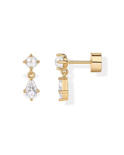 PAVOI 14K Gold Plated Sentimental Dangle Flat Back Earrings for Women | Helix and Cartilage Pearl Cluster Triangle Lotus Pear Marquise Cubic Zirconia Screw Back Earring Pair