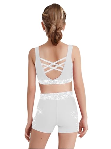 Kids Girls 3 Piece Gymnastic Dance Outfit Crop Top With Booty Shorts Hair Band Set For Yoga Training White 8 Years3
