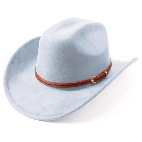 AQOKKA Western Cowboy Hats for Women Classic Felt Wide Brim Fedora Hat with Belt Buckle Retro Panama Hat Unisex Rolled up Cap