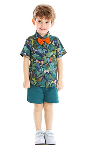 Image of Toddler Baby Boy Summer Clothes Set Floral Shirt Bow-tie Shorts Hawaiian Outfit