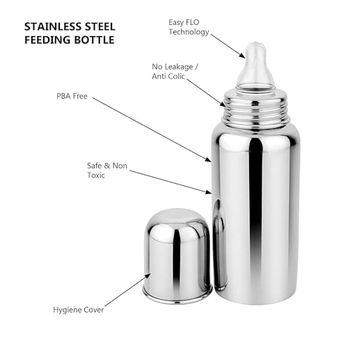 Drisona Baby Premium Steel Bottle for Milk Feeding BPA Free, 304 Grade Steel Soft Silicone pacifier, for Babies/Infants/Newborns of 0-2 Years (Silver, 240ml) Pack of-1