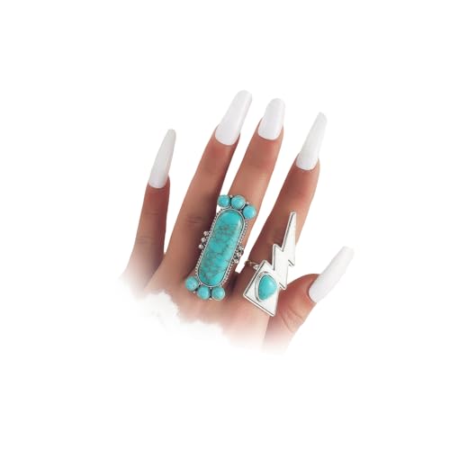 Bague longue bohème turquoise en argent vintage pour homme et femme