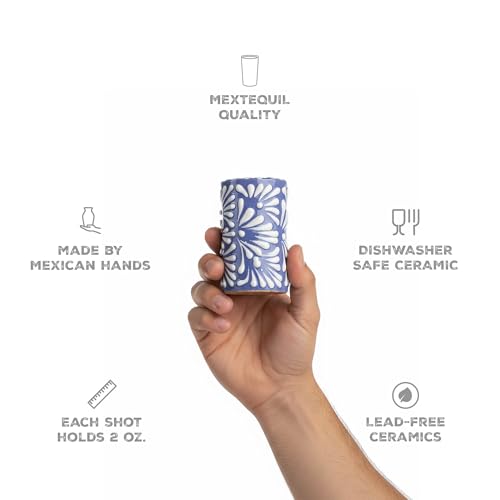 Image of Talavera Shot Glasses Set of 4 Authentic Mexican Tequila Shot Glasses - Hand-painted - 2 Oz (White Brushstroke Blue Background)