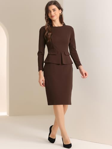 Image of Allegra K Women's Bodycon Dresses Round Neck Long Sleeve Casual Work Outfits Peplum Sheath Dress