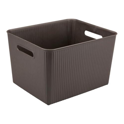 Image of Kolorr Ribbed Baskets Large Pack of 1 With 1 Standard Lid (Non-Airtight Loose-Fit Cover) Multipurpose Plastic Storage Baskets For Cloths Toys Wardrobe Home Kitchen & Livingroom I Dark Brown