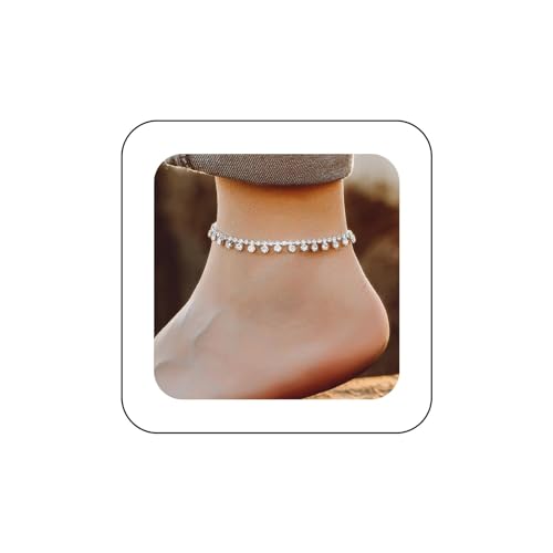 Yheakne Vintage Crystal Dangle Ankle Bracelet Silver Rhinestone Drop Anklet Bracelets Paved Cz Chain Anklet Sparkling Tennis Foot Chain Jewellery for Women and Girls, elastic, Yellow
