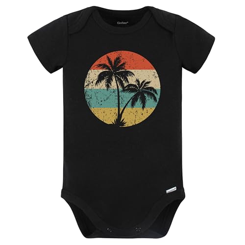 Tropical Beach Vacation Retro Palm Trees Icon Baby Bodysuit (Black)