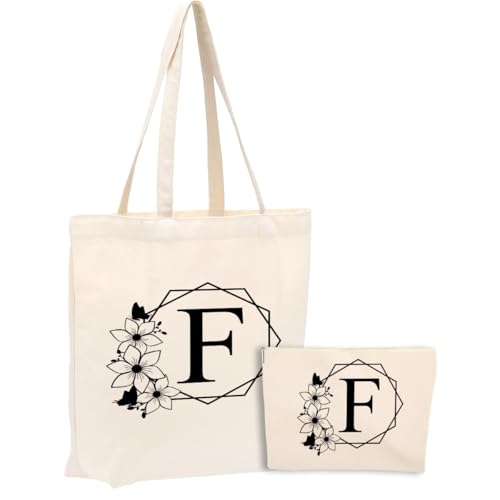 Initial Canvas Tote Bag Makeup Cosmetic Bag Personalized Monogrammed Gifts for Women Holiday Beach Wedding Shopping Work Office Travel Souvenirs for Bachelor Party Friend Girl Birthday Christmas F