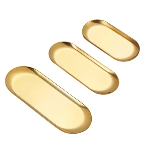 Goldenes Tablett, ovales Tablett, Edelstahl-Desserttablett, Kaffeetablett, geeignet für Dessert, Süßigkeiten, Obst, Getränke, Ringaufbewahrungsbox (groß, mittelgroß, klein, 3 Stück) Cover