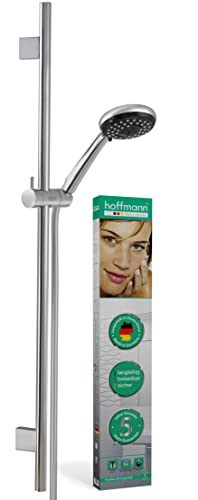 hoffmann Made in Germany Barra de ducha Essensa Plus 90 cm, ducha de mano 90mm, 3 tipos chorro, manguera de 1,60m y deslizador. La barra, el soporte y el soporte para la cabeza de ducha son de latón Cover