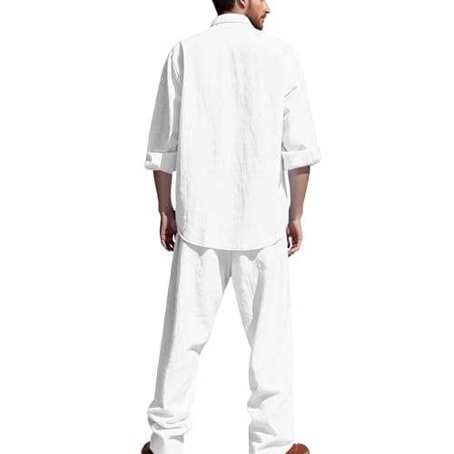 Traje de lino para hombre, pantalones de verano y camisa, juego de traje con botones, camisa de manga larga, informal, de dos piezas, transpirable, juego de 2 piezas, monocolor, camiseta de playa