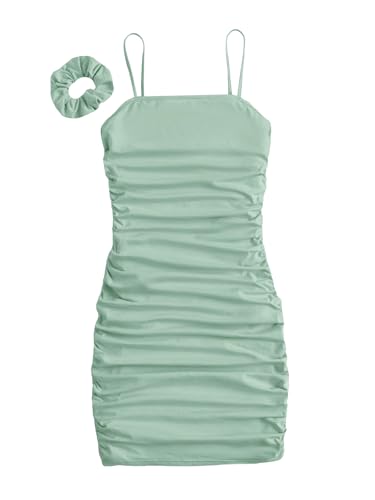 SOLY HUX Girl's Summer Spaghetti Strap Ruched Sleeveless Short Bodycon Dress with Hair Scrunchies