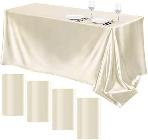TURSTIN 4 Packs Satin Tablecloth 102 x 58 Inch Overlay Satin Table Cover Rectangle Bright Silk Tablecloth Smooth Fabric Table Decoration for Wedding Banquet Party Events, Ivory