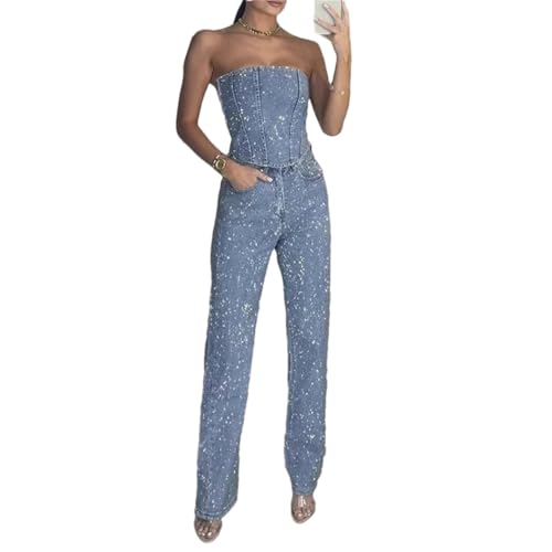 Women Diamond Denim Pant Set Slim Spring Tube Tops Backless