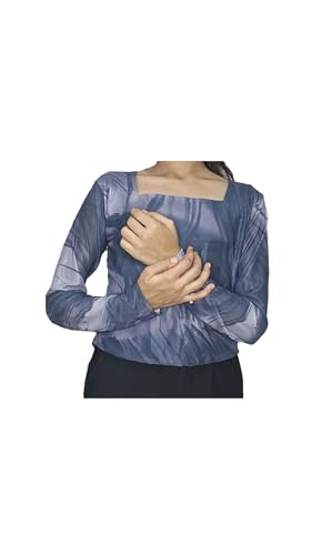 Image of Women's Sheer Mesh Long Sleeve Top - Blue Marble Print Square Neck