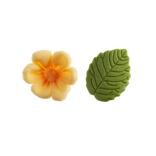 Dekora - Caixa de 8 flores amarelas de açúcar e 5 folhas verdes - figuras comestíveis para bolos - decoração bolo de aniversário de açúcar