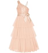 GRACE KARIN Girls Sequin Tulle Dress One Shoulder Formal Party Holiday Maxi Dress for Girl 6-14Y