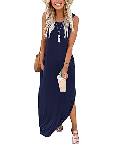 AUSELILY Maxikleider Damen Sommer Ärmellos Strandkleid Lang Sommer-Kleider Tank T-Shirt Kleid mit Taschen