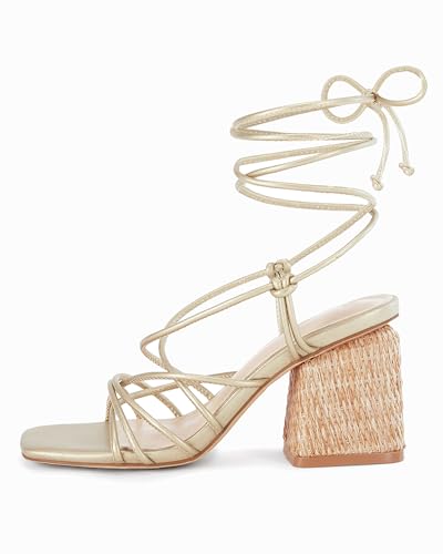 Image of PiePieBuy Women's Lace Up Chunky Braided Heel Sandals Square Toe Strappy Ankle Strap Heels
