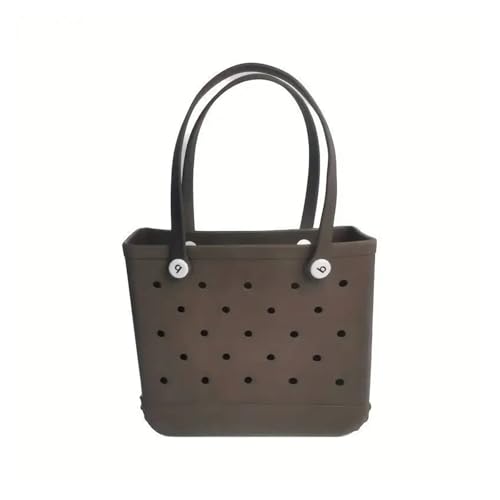 Large EVA Rubber Waterproof Beach Bag for Women - Solid Color Jelly Shoulder Tote with Storage Basket - Travel Shopping Handbag for Summer Vacation(Brown,L 35x33x13cm)