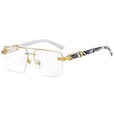 Bsreyeop Square Aviator Sunglasses for Women Men Half Frame Vintage Diamond Cutting Lens Classic Gradient Shades (Pattern Frame/Clear Lens E4)