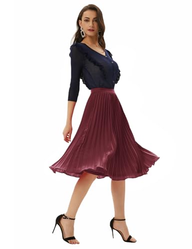 Image of GRACE KARIN Pleated Midi Skirt for Women,Chiffon Elastic High Waist Knee Length Skirts,Swing Flare A-Line Outfits