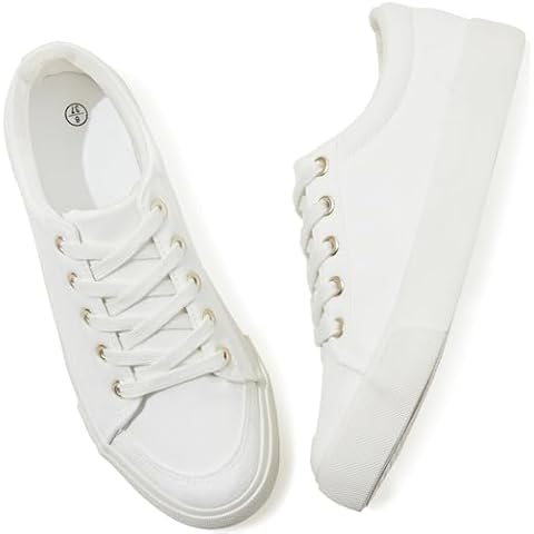 Adokoo Sneakers for Women Canvas Low Top Lace Up Shoes White Fashion Tennis Sneakers Cute Casual Comfort Walking Shoes(White,US8) Cover