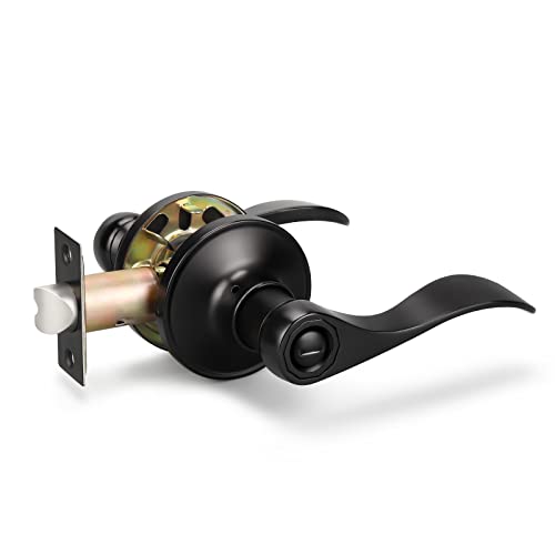 KNOBWELL 1 Pack Privacy Door Lever Black Door Handles Interior Door Knobs, Keyless Door Handle with Lock Bed and Bath Door Knobs, Reversible for Right/Left