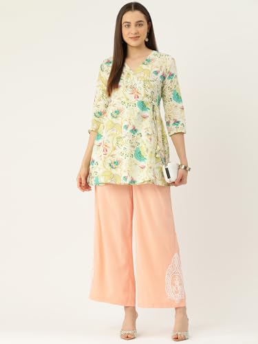 Image of feranoid Floral Print Angrakha 3 Sleeves Flared Kurti