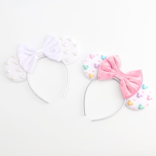 Image of DRESHOW Mouse Ears Headbands for Women Plain White Pearl Mickey Ears Hairbands Bow Head Bands Velvet Head Band Cosplay Costume Princess Party Decorations Disney Trip