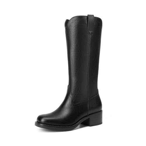 Image of DREAM PAIRS Women's Modern Knee High Boots with Vintage Western Stitching Comfortable and Versatile Tall Boots,Size 8,Black,SDKB26015W