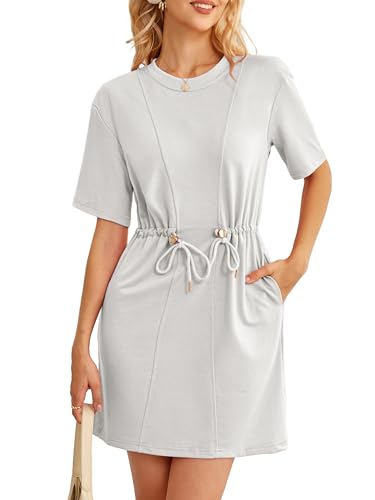 Image of Kikibell Womens Summer Dresses Crewneck Sweatshirt Mini Dress with Pockets Drawstring Waist Short Sleeve Casual Outfits