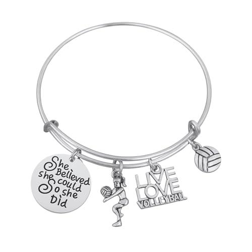 Volleyball Bangle Bracelet – Stainless Steel Adjustable Jewelry with Inspirational Charms, Motivational Gift for Players, Coaches, and Fans