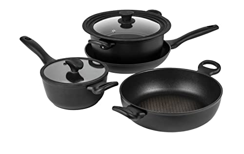 PRESTIGE - Nadiya - Utensilios de cocina de anidación - Apilable - Antiadherente - Interior sin PFOA - Apto para lavavajillas, horno y nevera/congelador - Juego de 4 piezas con tapas universales