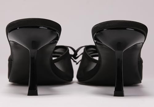 Womens Kitten Heels Bow Mesh Sandals Round Open Toe Slip On Low Slide Heeled Sandal Black4