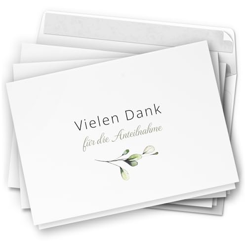 Danksagungskarten Trauer 10 Klappkarten mit Umschlägen Motiv: Zarte Blätter Trauerkarten Danksagung Vielen Dank für Anteilnahme mit Text Dankeskarten Trauer nach Beerdigung