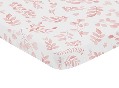Image of Sweet Jojo Designs Blush Pink and White Floral Leaf Girl Fitted Mini Crib Sheet Baby Nursery for Portable Crib or Pack and Play Boho Chic Bohemian Watercolor Botanical Flower Woodland Tropical Garden