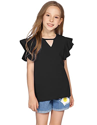 Greatchy Girl Short Sleeve Shirts Cute Ruffle Solid Summer Cotton Tee Blouse Top Black #TOP8