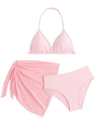 Image of SEGT Girl's 3 Piece Striped Bikini Swimwear Cute Swimsuits Bathing Suit High Waisted with Cover Up Beach Skirt