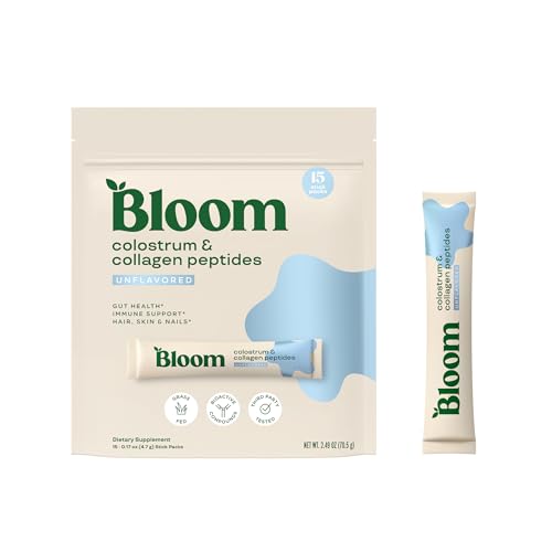 Image of Bloom Nutrition Bovine Colostrum Powder Packet, Gut Health, Immune Support, Hair Growth & Beauty Supplement, Gluten Free, Sugar Free | Unflavored, 15 Servings