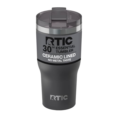 RTIC 30oz Essential Tumbler with Lid, Ceramic Lined, Insulated, Stainless Steel, Metal, Double Wall Vacuum-Insulation, Travel Cup for Iced Coffee, Tea, Hot and Cold Drink, Graphite