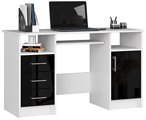 ADGO Ana Bureau d'ordinateur avec 3 Tiroirs, 2 étagères, 1 Armoire 124x74x52cm, Plateau Coulissant pour Clavier de Bureau, pour Le Travail (Livraison en 2 Paquets)(Blanc/Noir Brillant)