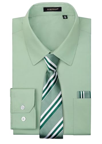 Image of HISDERN Mens Dress Shirt with Tie Pocket Square Set Classic Button Down Shirt Matching Tie Long Sleeve Shirts