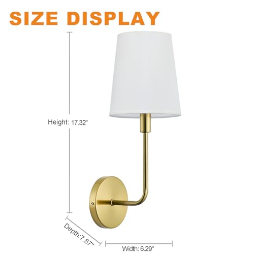Image of PASSICA Decor Hardwired Wall Sconces Set of 2, Gold Wall Lighting Fixture with Flared White Fabric Shade, Vintage Lamps for Living Room Bedroom Bathroom Hallway