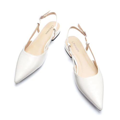 Image of C.Paravano Slingback Flats | Pointed Toe Flats | Slingback Sandals | Women's Slingback Dress Shoes | Adjustable Buckle Sandals(Size 8.5,Off-White)