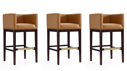 Butaco Manhattan Comfort Kingsley de cuero sintético, diseño moderno de mediados de siglo, madera de haya nogal con reposapiés de metal dorado, completamente ensamblado, altura del asiento 30 pulgadas, juego de 3, color camel miniatura 1