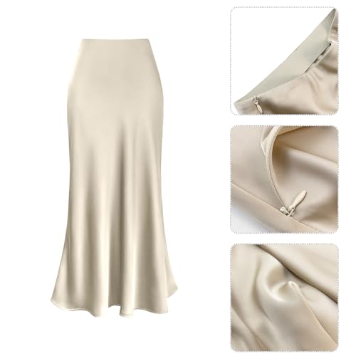 Women's Spring Summer Satin Silk High Waist Ruffle A Line Long Maxi Skirt Tulip Hem Skirts4