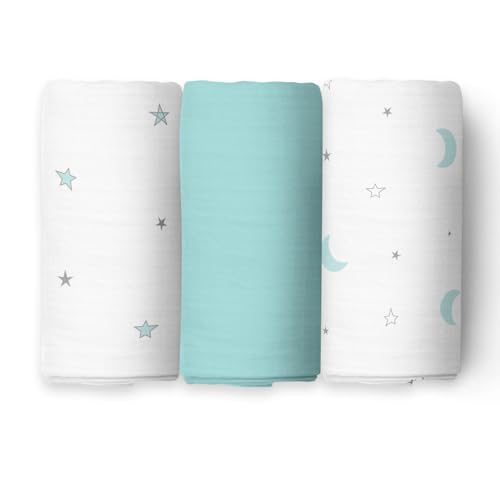 Image of The White Cradle Baby Nursery Swaddle Blanket Wrap 3pcs Pure Organic Cotton Double Layer Muslin Cloth - STERILISED for Your Child's Protection - Super Soft, Absorbent, Large 112x112 cm - Blue & Grey